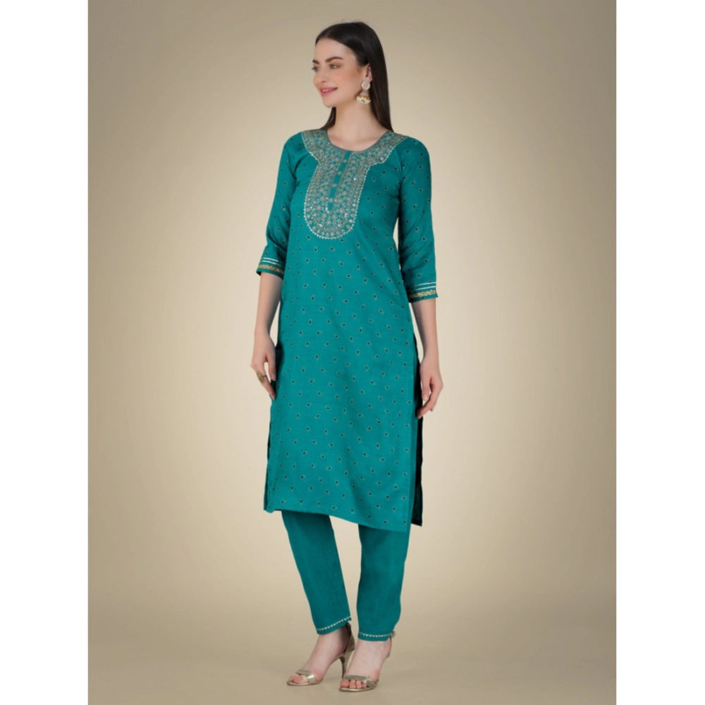 Generic Women's Casual 3-4 th Sleeve Embroidery Cotton Kurti Pant Dupatta Set (Light Green)