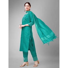 Generic Women's Casual 3-4 th Sleeve Embroidery Cotton Kurti Pant Dupatta Set (Rama)