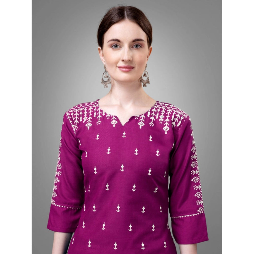 Generisches Damen-Kurti-Hose-Dupatta-Set mit 3–4 Ärmeln und Stickerei aus Baumwolle (lila)