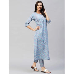 Generic Women's Casual 3-4 th Sleeve Printed Cotton Kurti Pant Set (Pastel Blue)