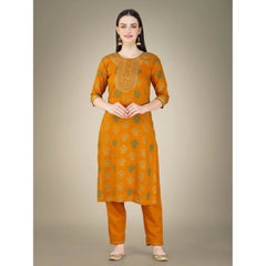 Generic Women's Casual 3-4 th Sleeve Embroidery Cotton Kurti Pant Dupatta Set (Yellow)