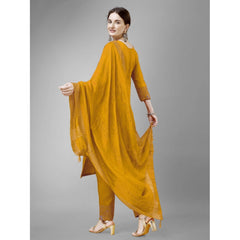 Generic Women's Casual 3-4 th Sleeve Embroidery Cotton Kurti Pant Dupatta Set (Yellow)