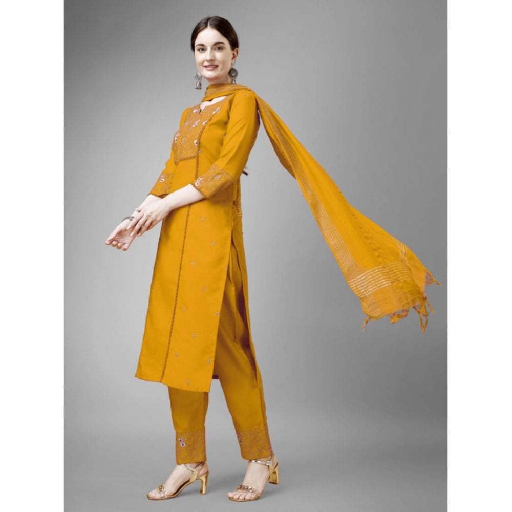 Generic Women's Casual 3-4 th Sleeve Embroidery Cotton Kurti Pant Dupatta Set (Yellow)