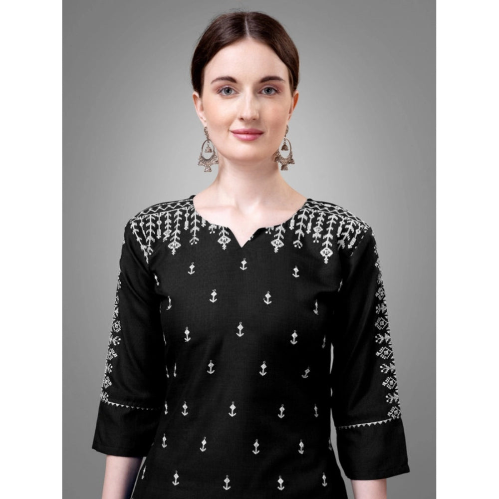 Generic Women's Casual 3-4 th Sleeve Embroidery Cotton Kurti Pant Dupatta Set (Black)