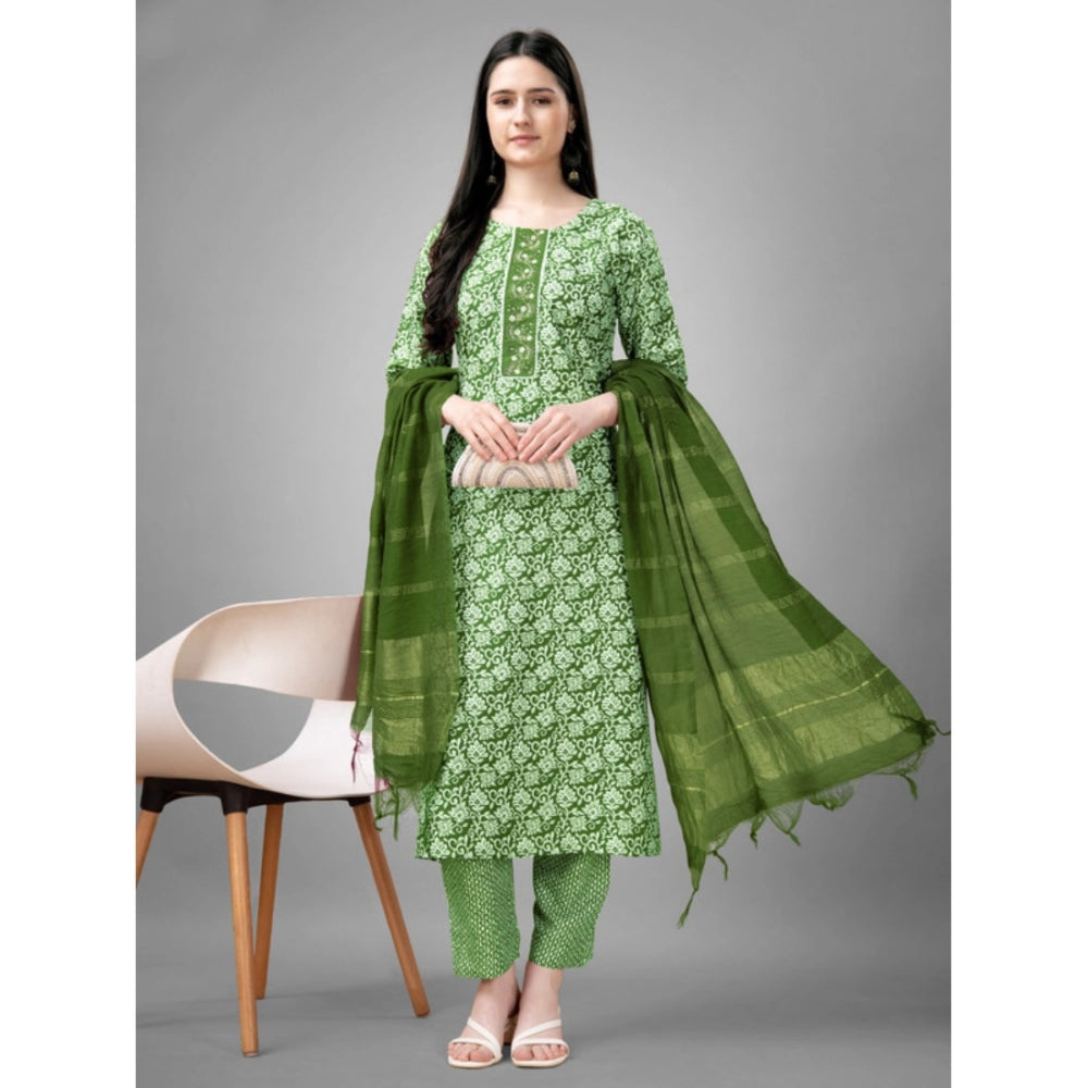 Generic Women's Casual 3-4 th Sleeve Embroidery Rayon Kurti Pant Dupatta Set (Green)