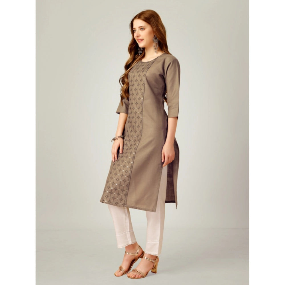 Generisches Damen-Kurti-Hosenset aus Baumwolle mit Stickerei und 3–4-Ärmeln (Beige)