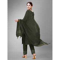 Generic Women's Casual 3-4 th Sleeve Embroidery Cotton Kurti Pant Dupatta Set (Dark Green)