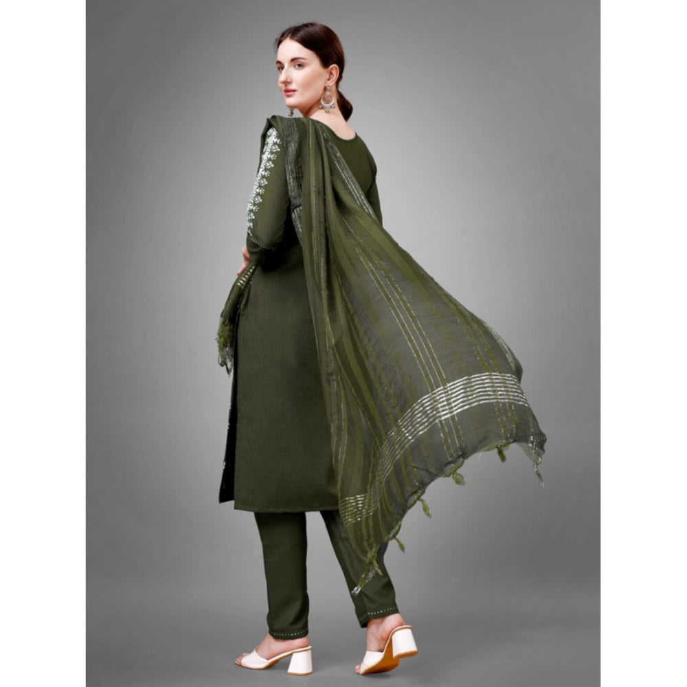 Generic Women's Casual 3-4 th Sleeve Embroidery Cotton Kurti Pant Dupatta Set (Dark Green)