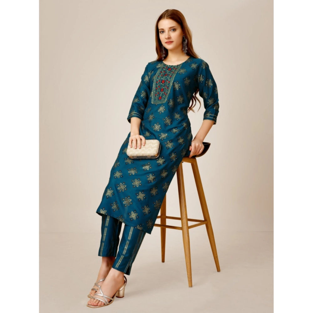 Generic Women's Casual 3-4 th Sleeve Embroidery Rayon Kurti Pant Set (Blue)