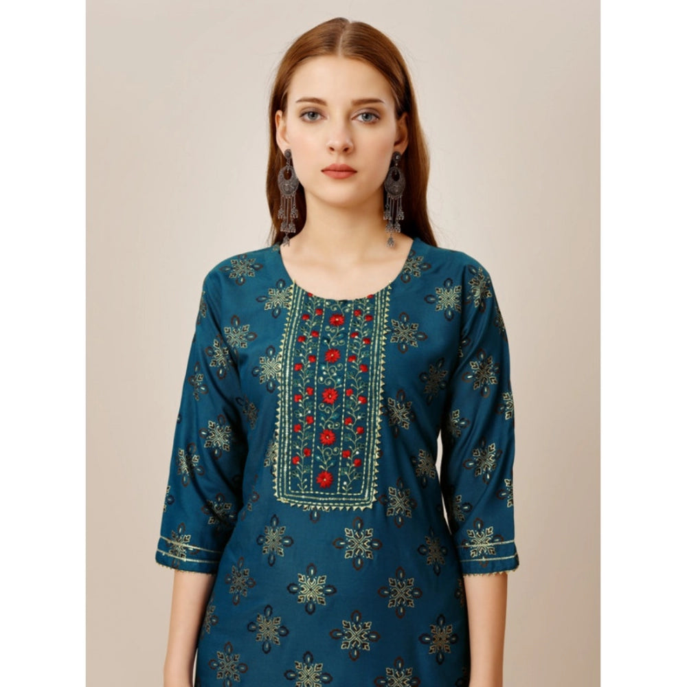 Generisches Damen-Kurti-Hosenset mit 3–4-Ärmeln und Stickerei aus Viskose (blau)