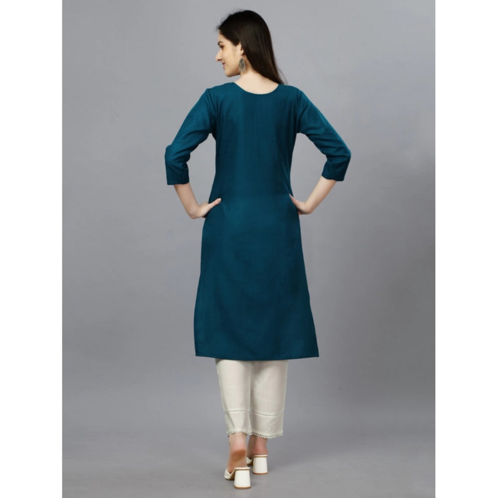 Generic Women's Casual 3-4 th Sleeve Embroidery Cotton Kurti (Blue )