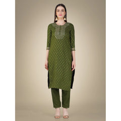 Generic Women's Casual 3-4 th Sleeve Embroidery Cotton Kurti Pant Dupatta Set (Green)