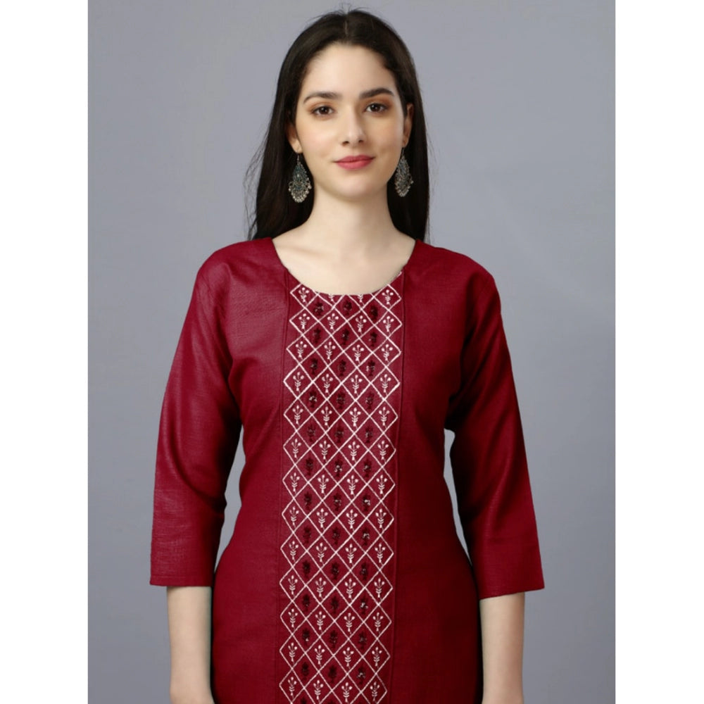 Generic Women's Casual 3-4 th Sleeve Embroidery Cotton Kurti (Maroon)