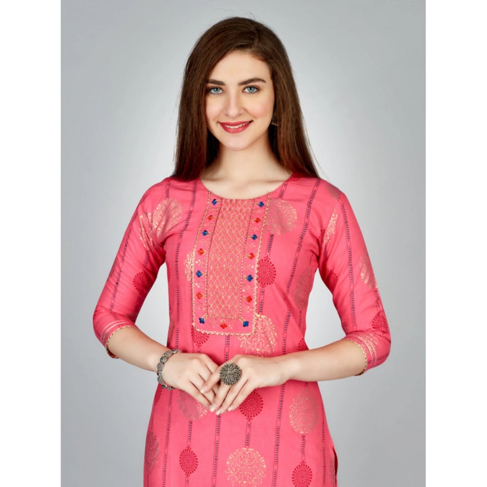 Generic Women's Casual 3-4 th Sleeve Embroidery Rayon Kurti Pant Set (Pink)