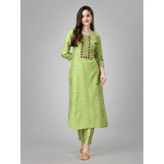 Generic Women's Casual 3-4 th Sleeve Embroidery Rayon Kurti Pant Set (Light Green)