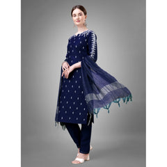 Generic Women's Casual 3-4 th Sleeve Embroidery Cotton Kurti Pant Dupatta Set (Dark Blue)