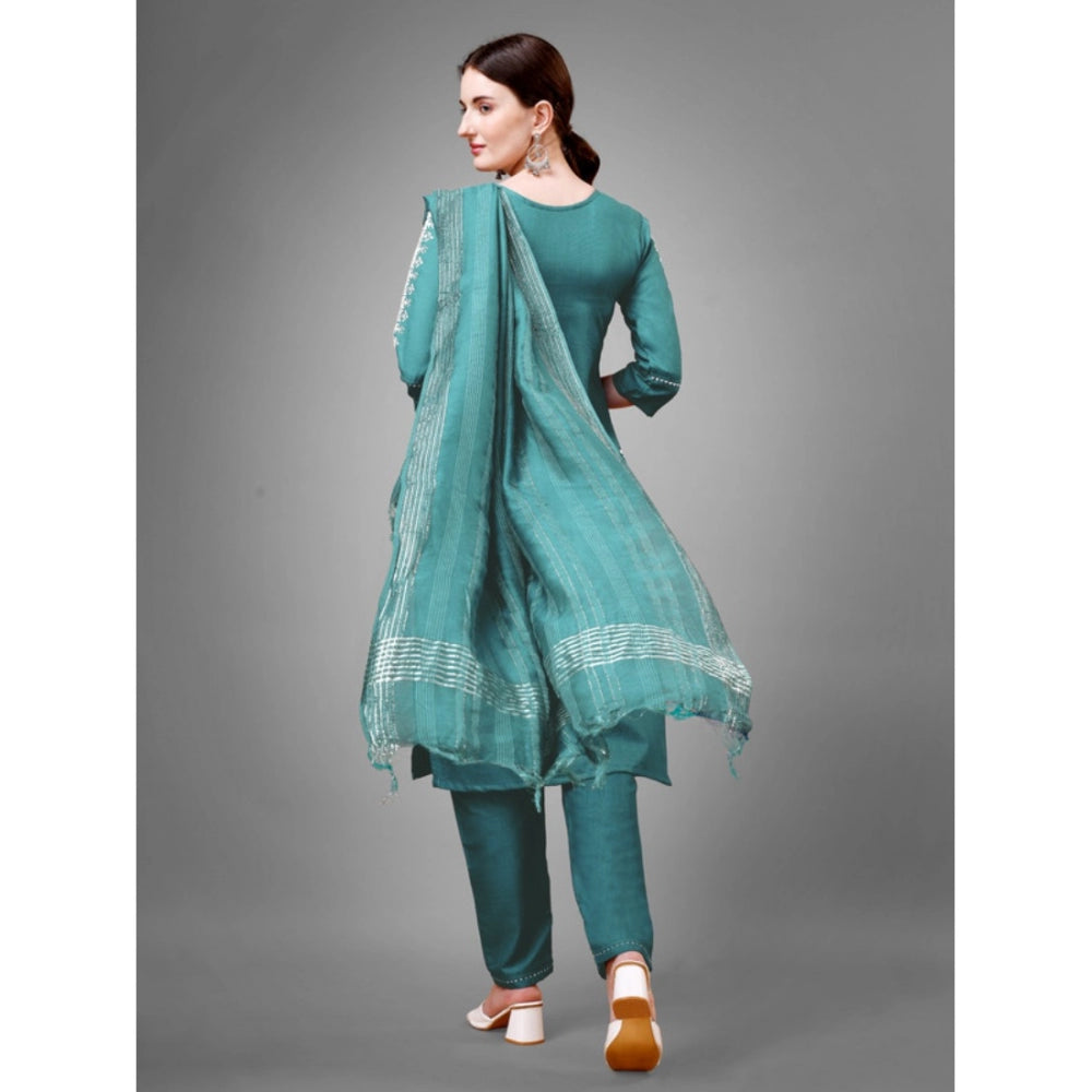 Generic Women's Casual 3-4 th Sleeve Embroidery Cotton Kurti Pant Dupatta Set (Teal)