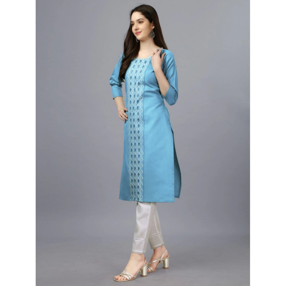 Generic Women's Casual 3-4 th Sleeve Embroidery Cotton Kurti (Light Blue)