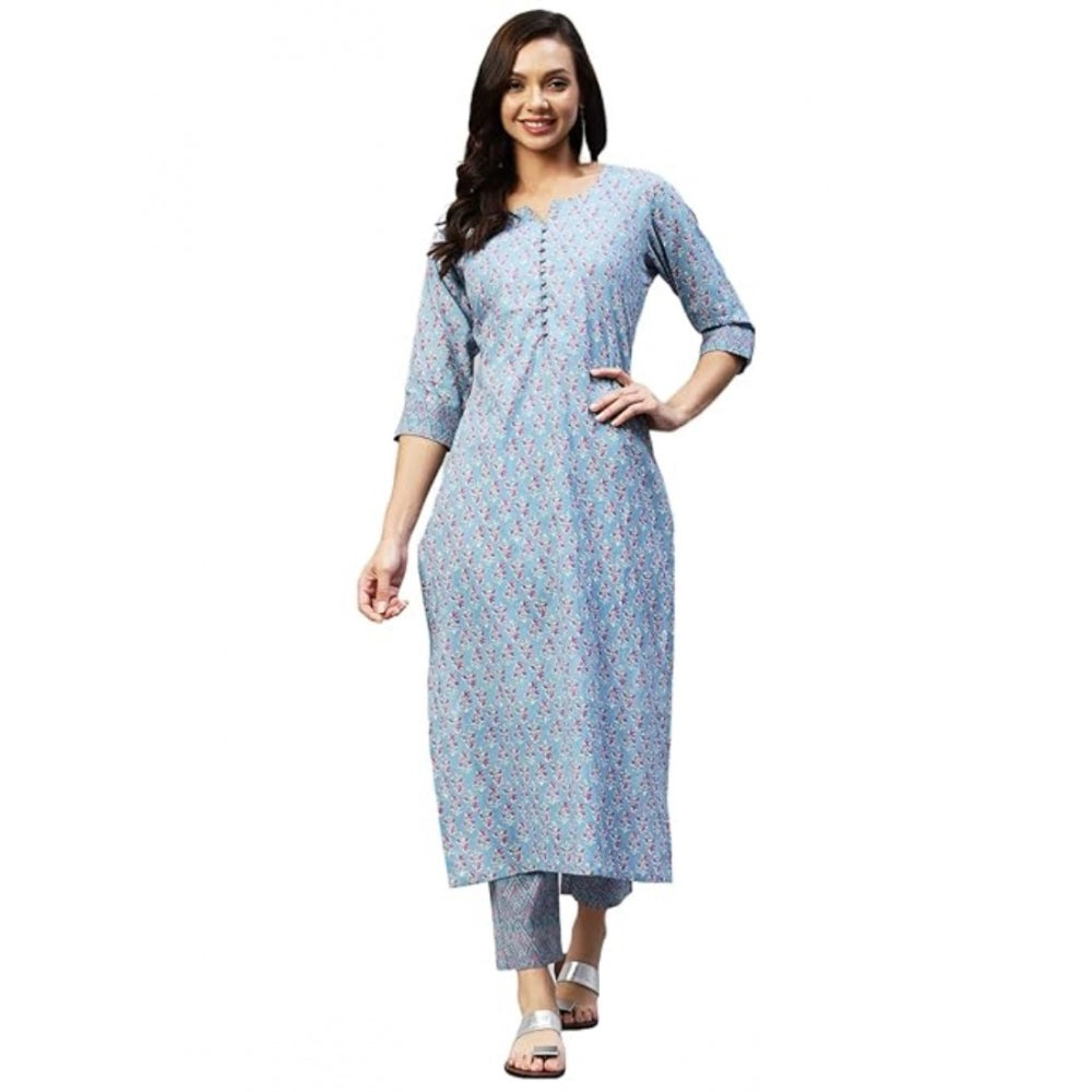 Generisches Damen-Kurti-Hosenset aus Baumwolle mit 3–4-Ärmeln und Aufdruck (Pastellblau)