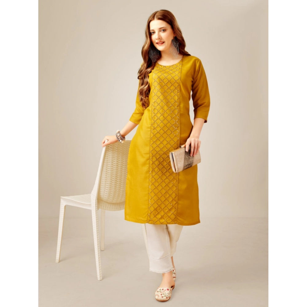 Generic Women's Casual 3-4 th Sleeve Embroidery Cotton Kurti Pant Set (Yellow)