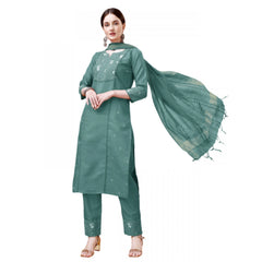 Generic Women's Casual 3-4 th Sleeve Embroidery Cotton Kurti Pant Dupatta Set (Teal)