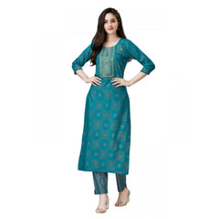 Generic Women's Casual 3-4 th Sleeve Embroidery Rayon Kurti Pant Set (Green)