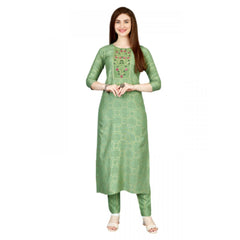 Generic Women's Casual 3-4 th Sleeve Embroidery Rayon Kurti Pant Set (Light Green)