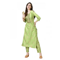 Generic Women's Casual 3-4 th Sleeve Embroidery Rayon Kurti Pant Set (Light Green)