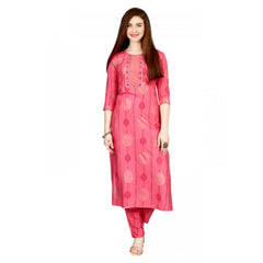 Generic Women's Casual 3-4 th Sleeve Embroidery Rayon Kurti Pant Set (Pink)