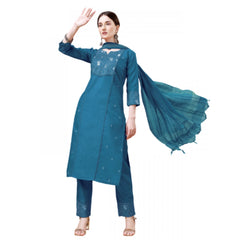 Generisches Damen-Kurti-Hose-Dupatta-Set mit 3–4-Ärmeln und Stickerei aus Baumwolle (blau)