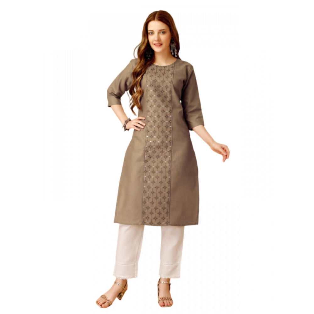 Generic Women's Casual 3-4 th Sleeve Embroidery Cotton Kurti Pant Set (Beige)