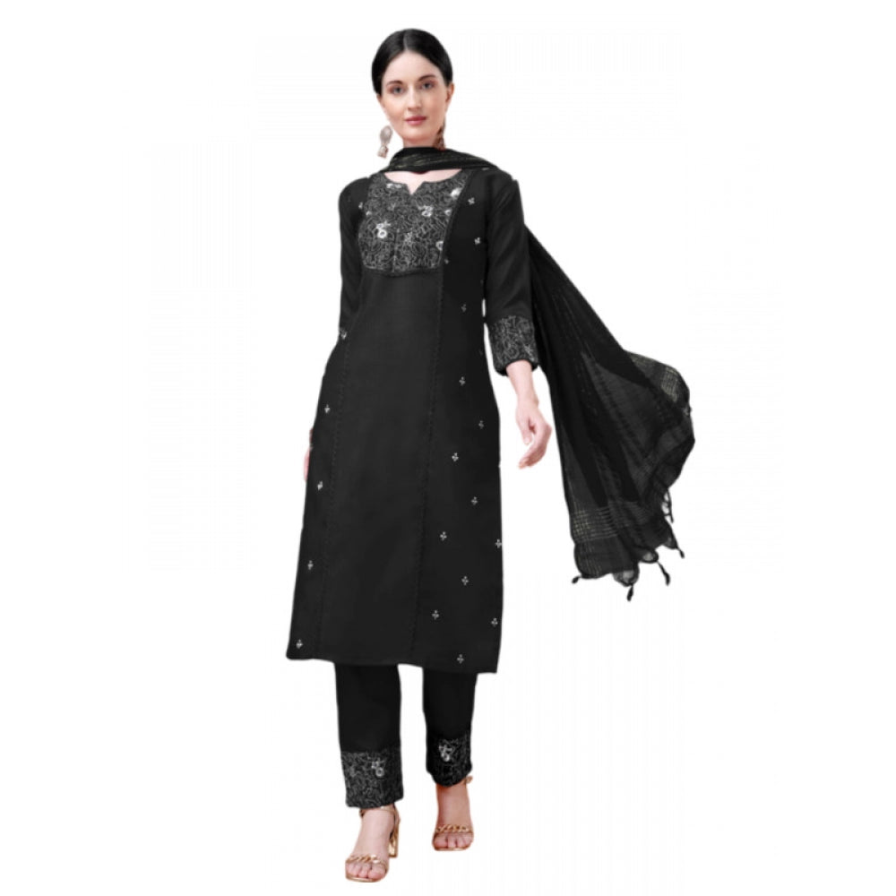 Generisches Damen-Kurti-Hose-Dupatta-Set mit 3–4 Ärmeln und Stickerei aus Baumwolle (schwarz)