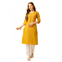 Generic Women's Casual 3-4 th Sleeve Embroidery Cotton Kurti Pant Set (Yellow)