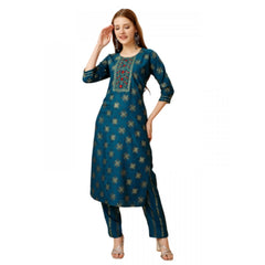 Generisches Damen-Kurti-Hosenset mit 3–4-Ärmeln und Stickerei aus Viskose (blau)