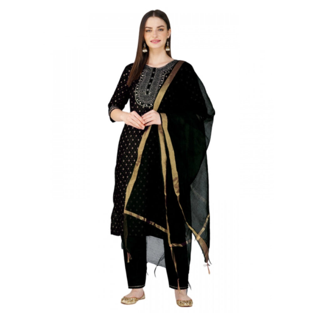 Generisches Damen-Kurti-Hose-Dupatta-Set mit 3–4 Ärmeln und Stickerei aus Baumwolle (schwarz)