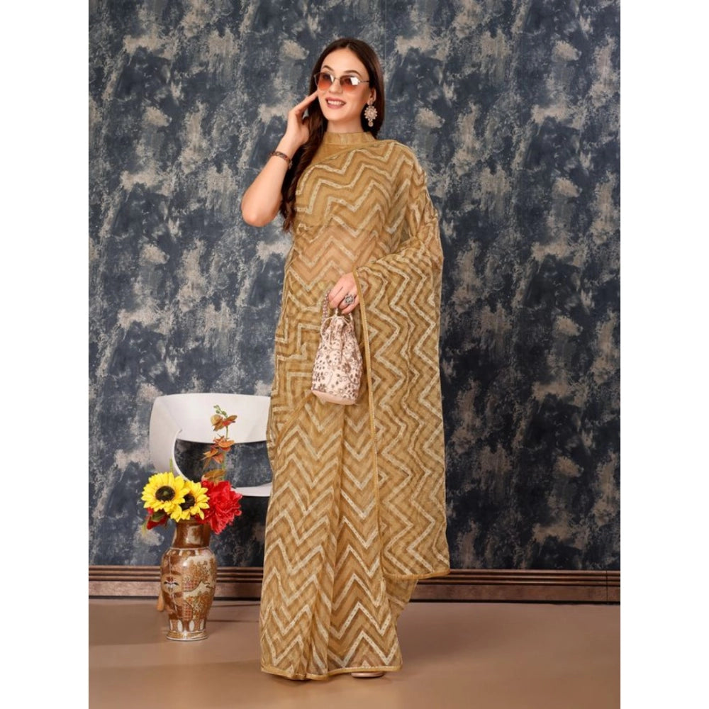 Generic Women's Linen Zig Zag Saree With Unstitched Blouse (Beige, 5-6 Mtrs)