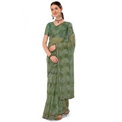 Generic Women's Linen Floral Printed Saree With Unstitched Blouse (Green, 5-6 Mtrs)