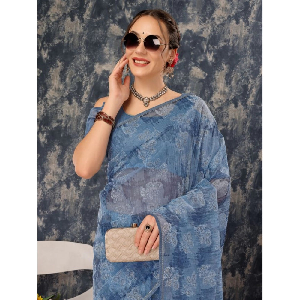 Generic Women's Linen Floral Printed Saree With Unstitched Blouse (Blue, 5-6 Mtrs)