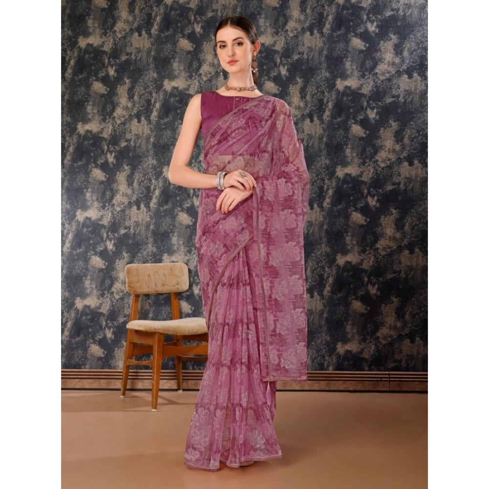 Generic Women's Linen Floral Printed Saree With Unstitched Blouse (Purple, 5-6 Mtrs)