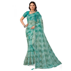 Generic Women's Linen Floral Printed Saree With Unstitched Blouse (Turquies Green, 5-6 Mtrs)