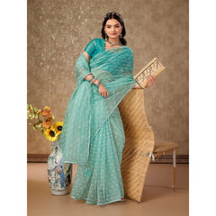 Generic Women's Linen Line Saree With Unstitched Blouse (Turquies Green, 5-6 Mtrs)