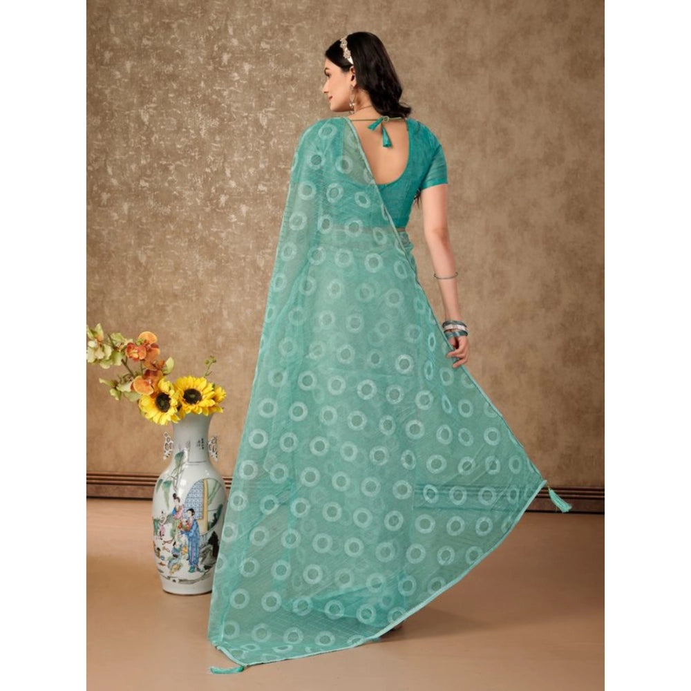 Generic Women's Linen Gola Printed Saree With Unstitched Blouse (Turquoise Green, 5-6 Mtrs)