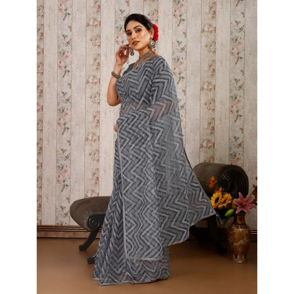 Generic Women's Linen Zig Zag Saree With Unstitched Blouse (Grey, 5-6 Mtrs)