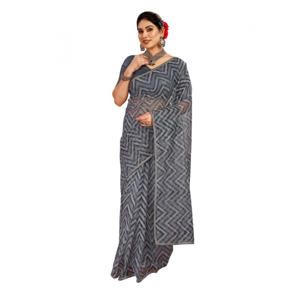 Generic Women's Linen Zig Zag Saree With Unstitched Blouse (Grey, 5-6 Mtrs)