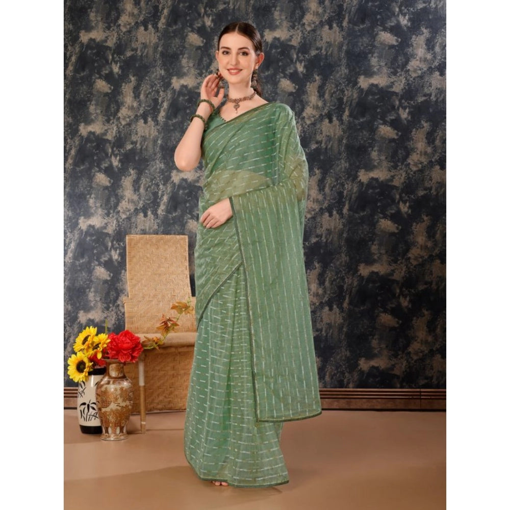 Generic Women's Linen Line Saree With Unstitched Blouse (Green, 5-6 Mtrs)