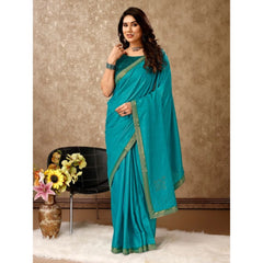 Generic Women's Vichitra Swiroshki Butta Saree With Unstitched Blouse (Teal Blue, 5-6 Mtrs)