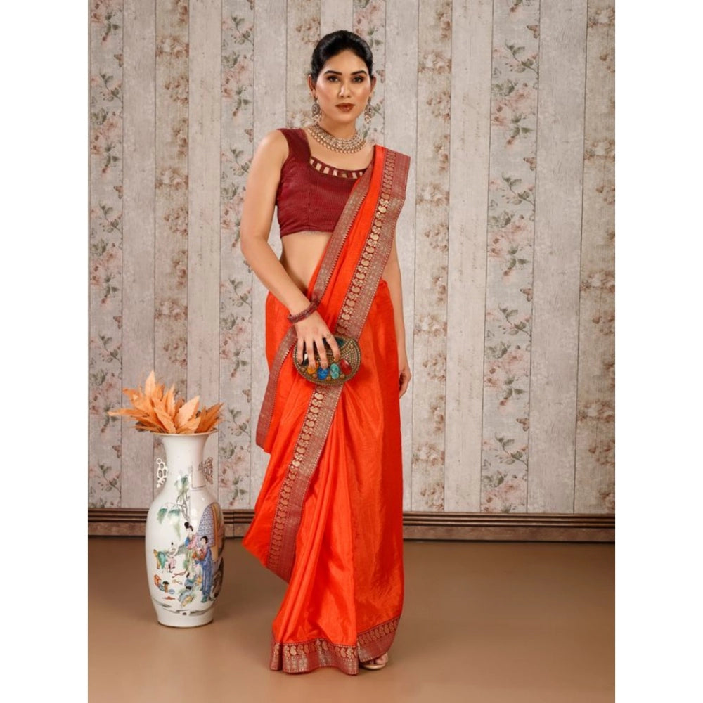 Generic Women's Vichitra Plain Saree With Unstitched Blouse (Orange, 5-6 Mtrs)