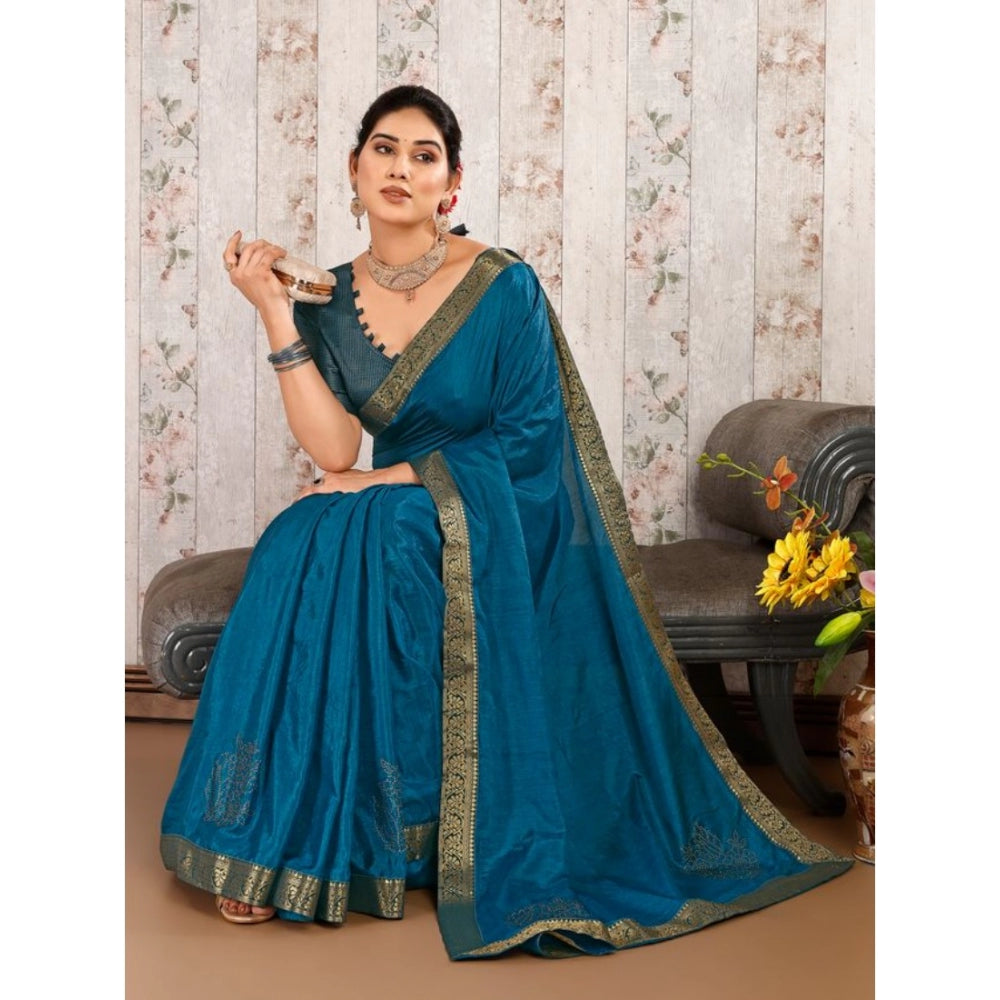 Generic Women's Vichitra Swiroshki Butta Saree With Unstitched Blouse (Blue, 5-6 Mtrs)