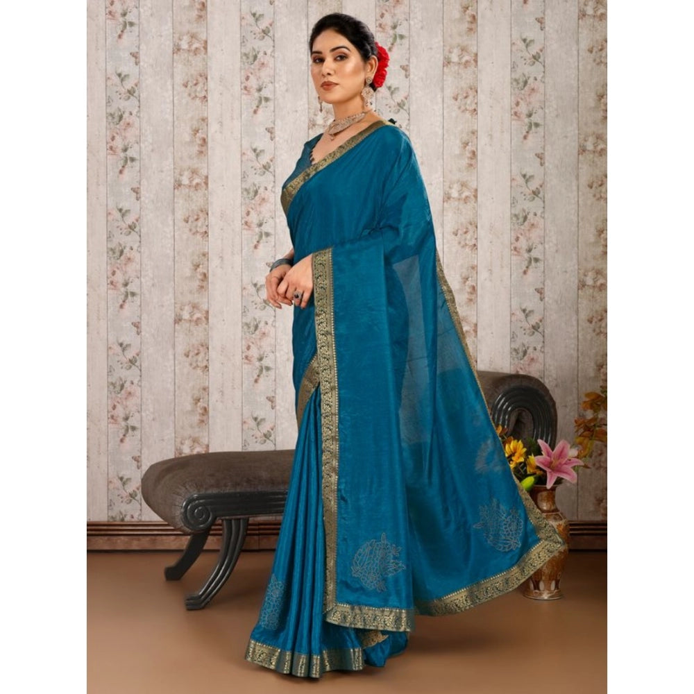 Generic Women's Vichitra Swiroshki Butta Saree With Unstitched Blouse (Blue, 5-6 Mtrs)