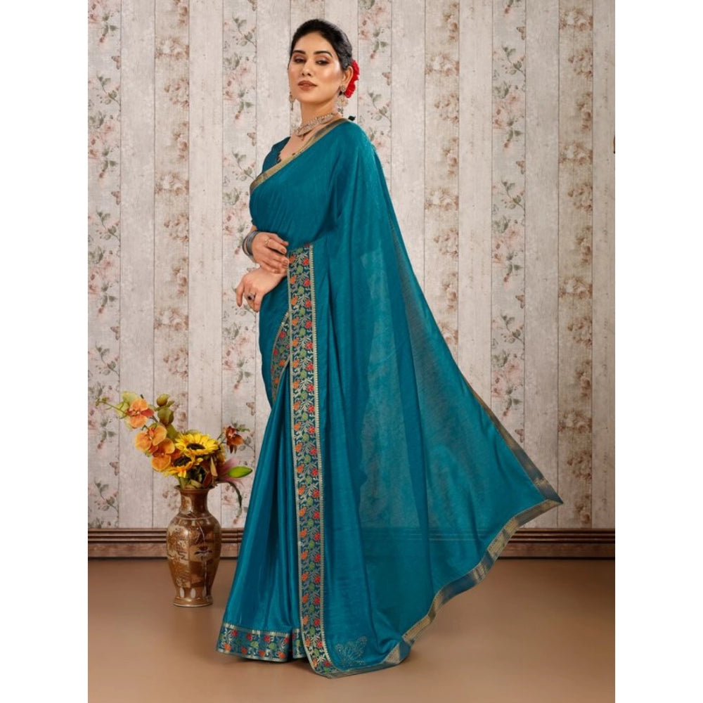 Generic Women's Vichitra Swiroshki Butta Saree With Unstitched Blouse (Teal Blue, 5-6 Mtrs)